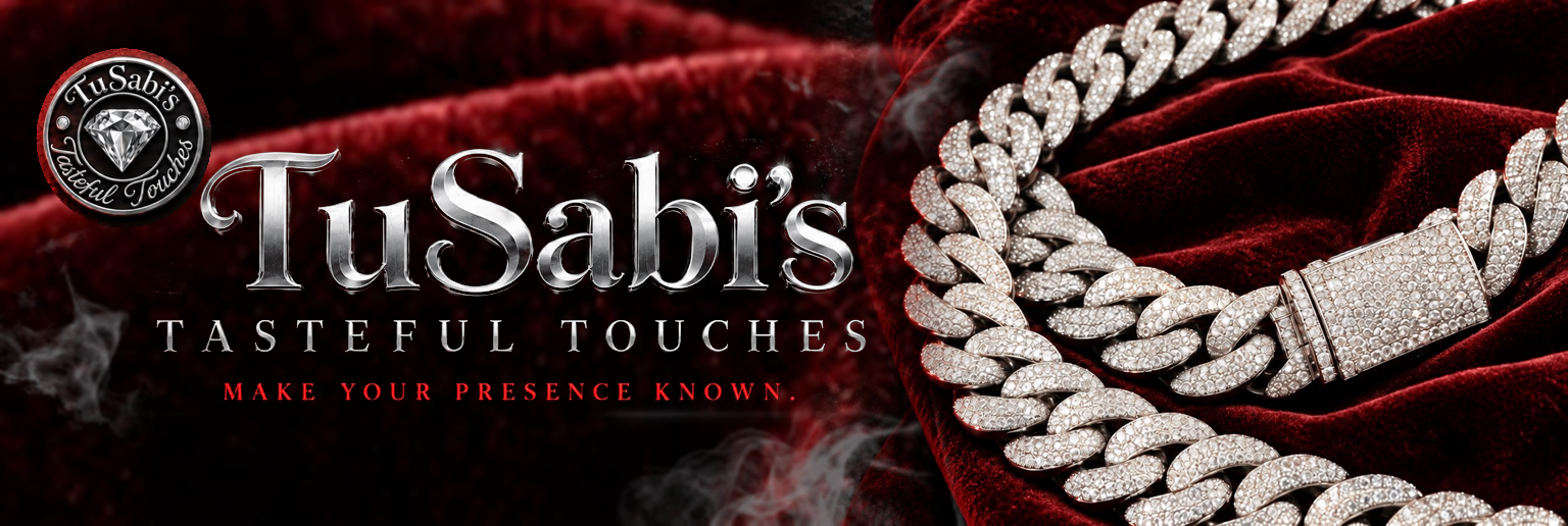 TuSabi’s Tasteful Touches. Make your presence known. Silver jewelry on deep red velvet with gray smoke.