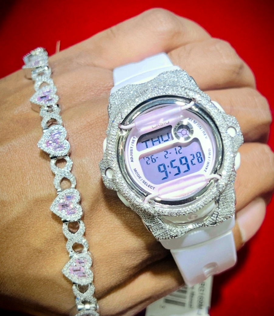 White sparkling digital watch with matching pink heart bracelet
