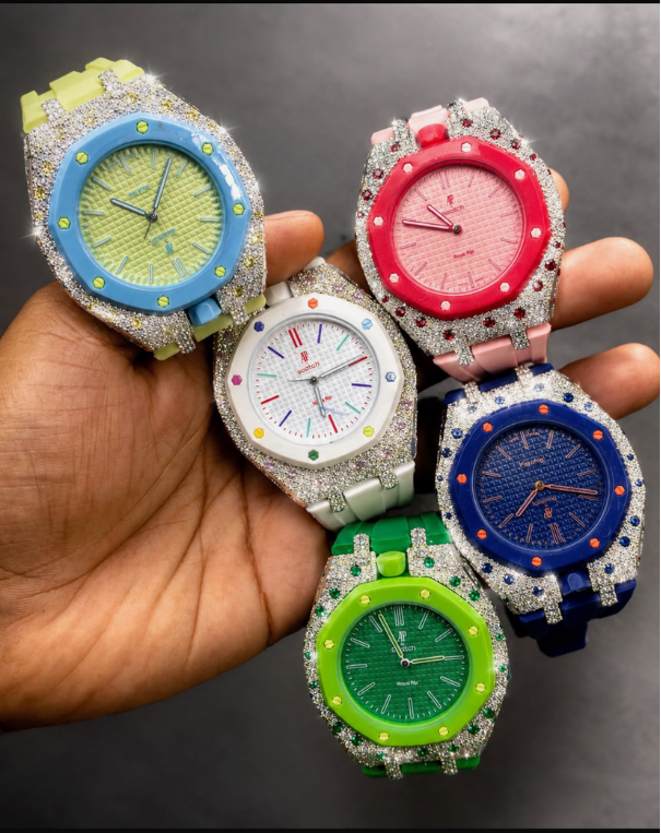 Five colorful watches displayed together